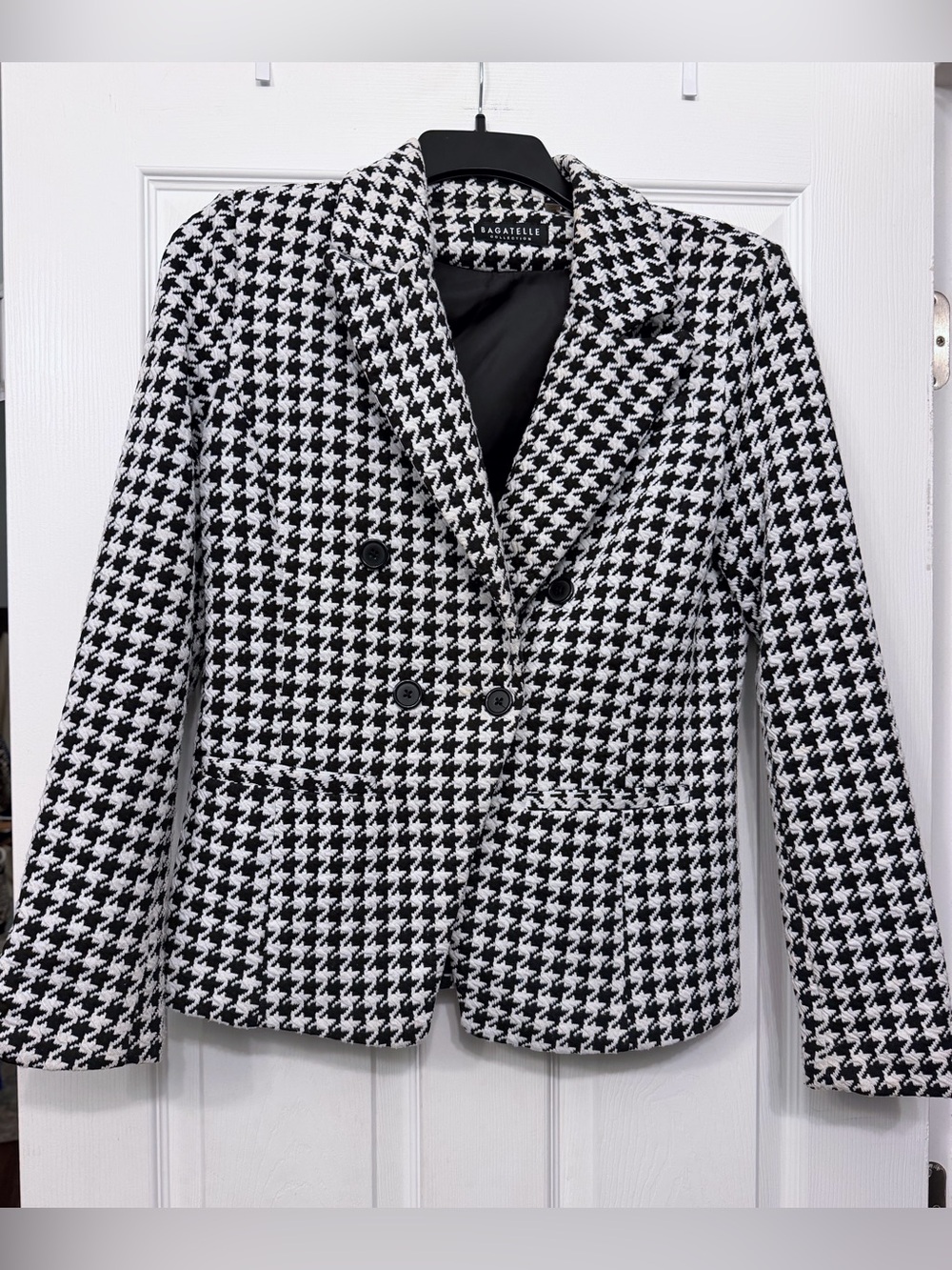 Bagatelle Black and White Houndstooth Double-Breasted Blazer
